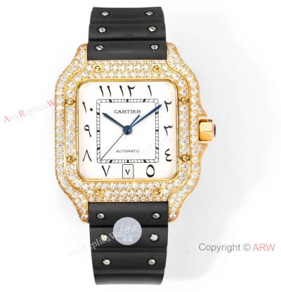 Ice Out Cartier Santos THB Factory Automatic Copy Watch Gold-Black Rubber Strap